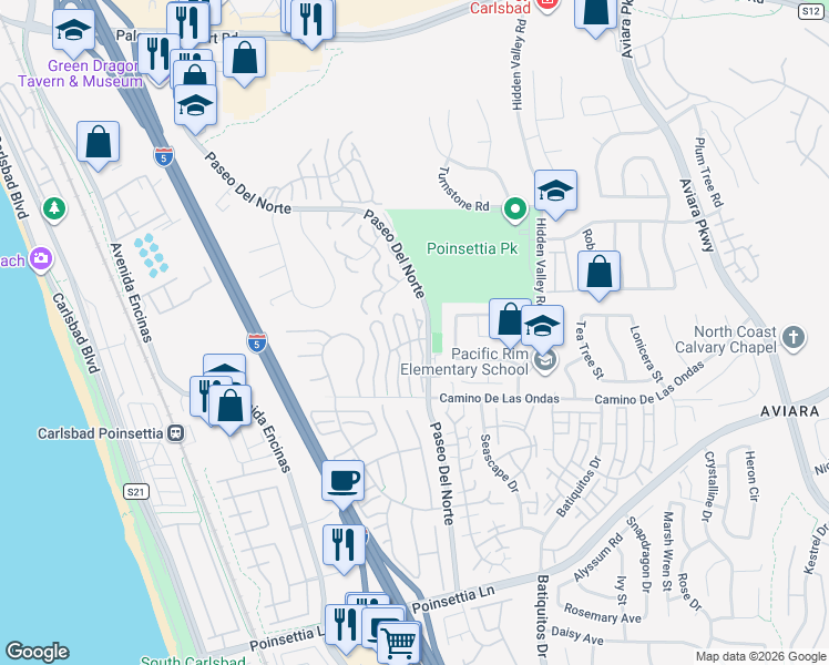 map of restaurants, bars, coffee shops, grocery stores, and more near 6729 Clover Court in Carlsbad