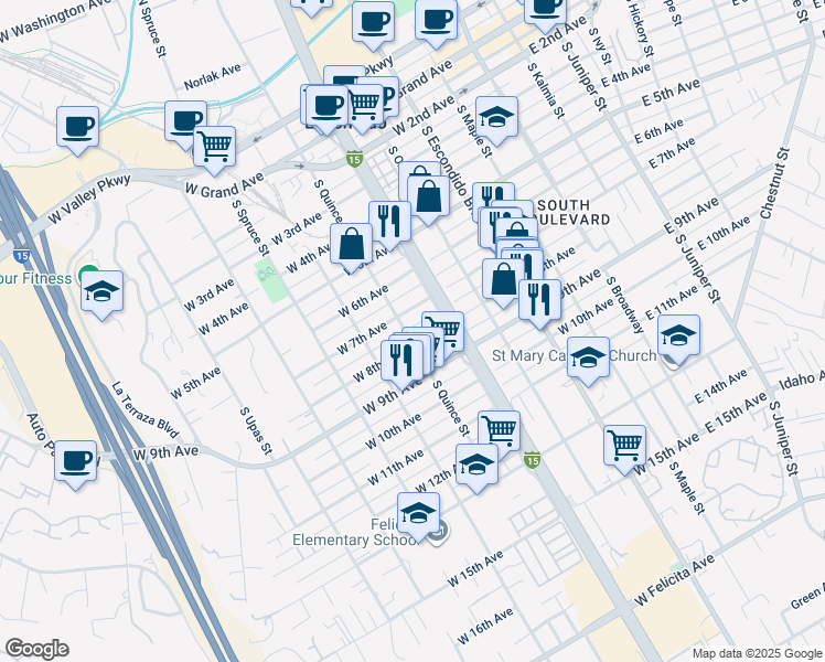 map of restaurants, bars, coffee shops, grocery stores, and more near 726 South Quince Street in Escondido