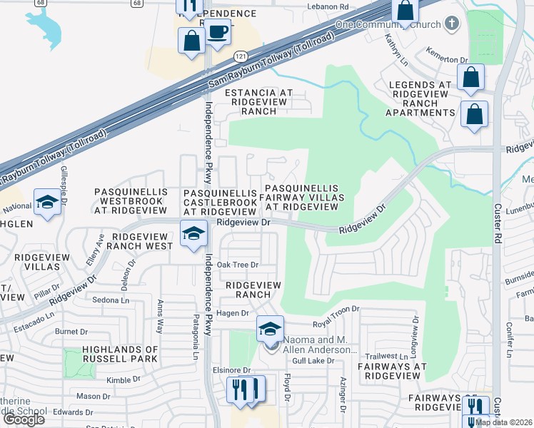 map of restaurants, bars, coffee shops, grocery stores, and more near 2832 Fordham Road in Plano