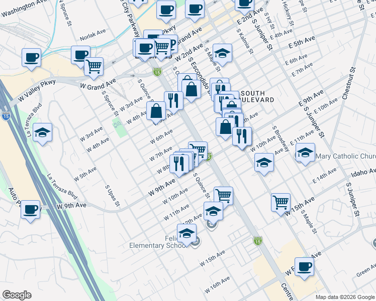 map of restaurants, bars, coffee shops, grocery stores, and more near 542 West 8th Avenue in Escondido