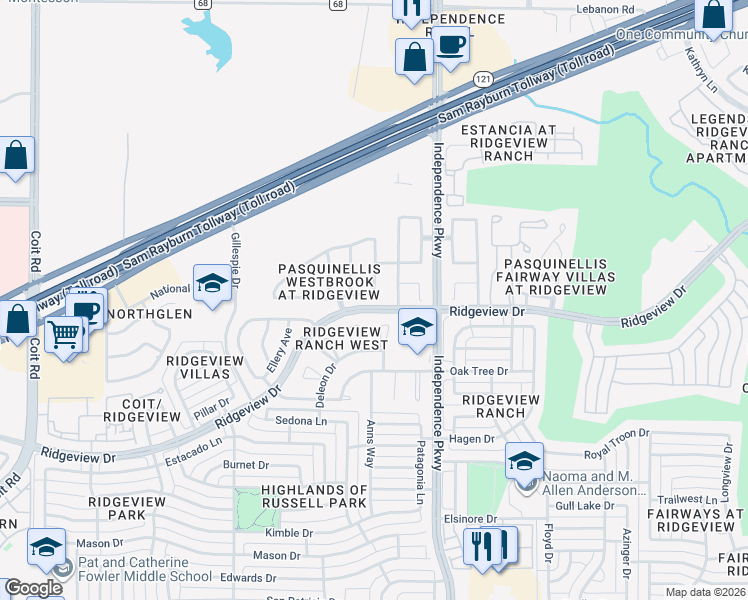 map of restaurants, bars, coffee shops, grocery stores, and more near 3100 Tarrant Lane in Plano