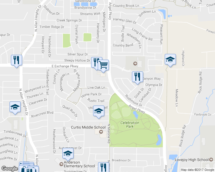 map of restaurants, bars, coffee shops, grocery stores, and more near 1723 Live Oak Lane in Allen