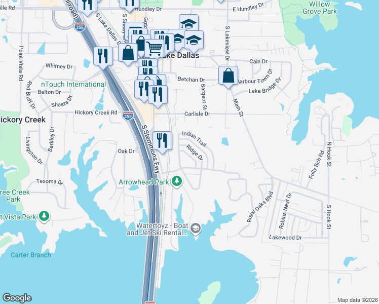 map of restaurants, bars, coffee shops, grocery stores, and more near 7 Ridge Drive in Lake Dallas