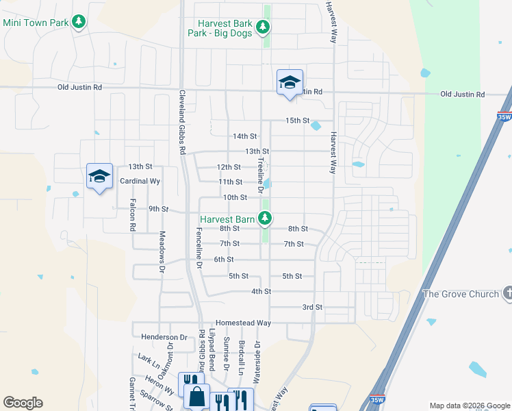 map of restaurants, bars, coffee shops, grocery stores, and more near 911 Treeline Drive in Argyle