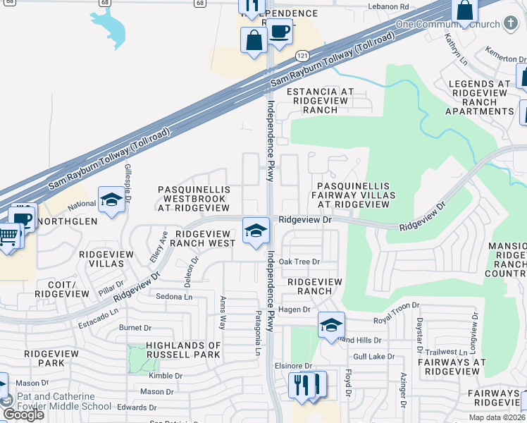 map of restaurants, bars, coffee shops, grocery stores, and more near 9802 Cambria Court in Plano