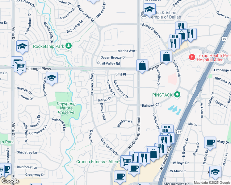 map of restaurants, bars, coffee shops, grocery stores, and more near 961 Kennedy Drive in Allen