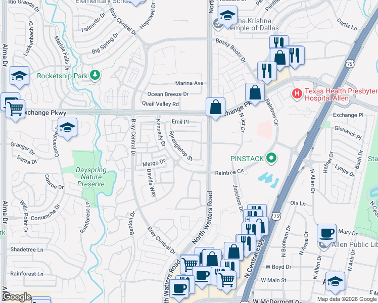 map of restaurants, bars, coffee shops, grocery stores, and more near 939 Cottontop Trail in Allen