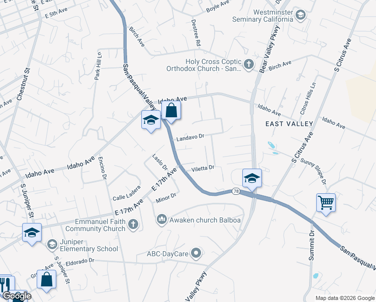 map of restaurants, bars, coffee shops, grocery stores, and more near 935 Hillhaven Road in Escondido