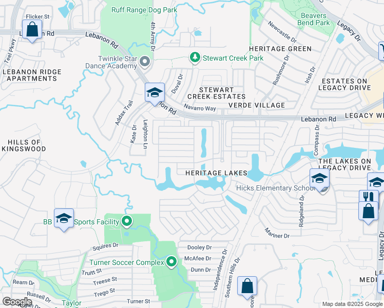 map of restaurants, bars, coffee shops, grocery stores, and more near 4020 West Crescent Way in Frisco