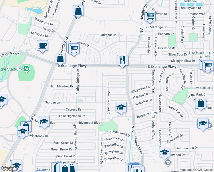 map of restaurants, bars, coffee shops, grocery stores, and more near 1001 Meadow Creek Drive in Allen