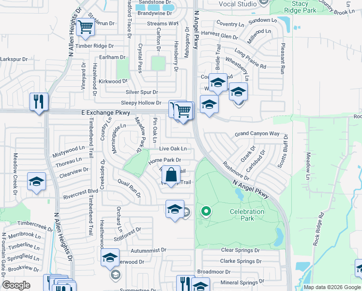 map of restaurants, bars, coffee shops, grocery stores, and more near 1711 Live Oak Lane in Allen