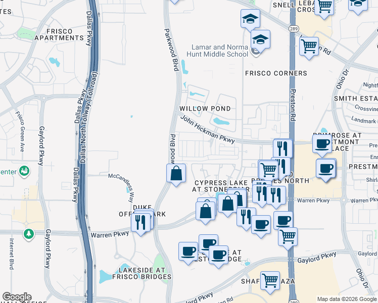 map of restaurants, bars, coffee shops, grocery stores, and more near 4152 Kearsage Drive in Frisco