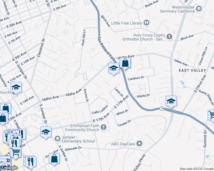 map of restaurants, bars, coffee shops, grocery stores, and more near 1579 Glenna Dr in Escondido