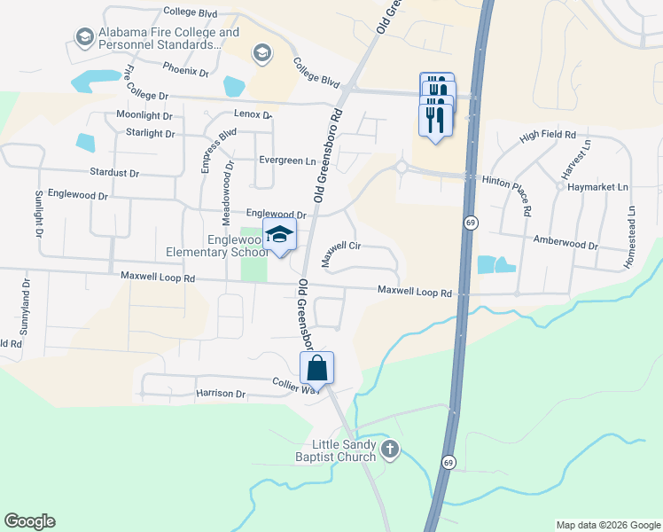 map of restaurants, bars, coffee shops, grocery stores, and more near 1381 Maxwell Circle in Tuscaloosa