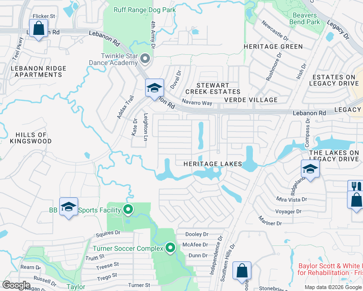 map of restaurants, bars, coffee shops, grocery stores, and more near 3613 Lincoln Drive in Frisco