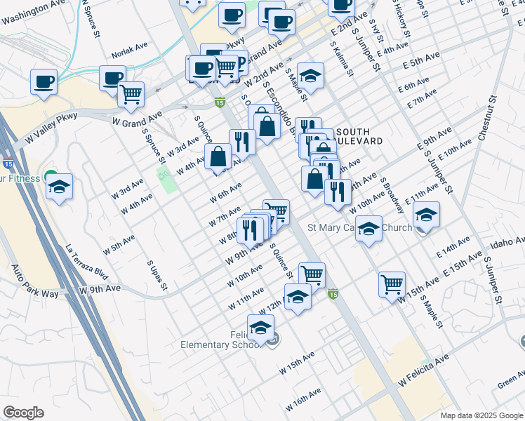 map of restaurants, bars, coffee shops, grocery stores, and more near 726 South Quince Street in Escondido