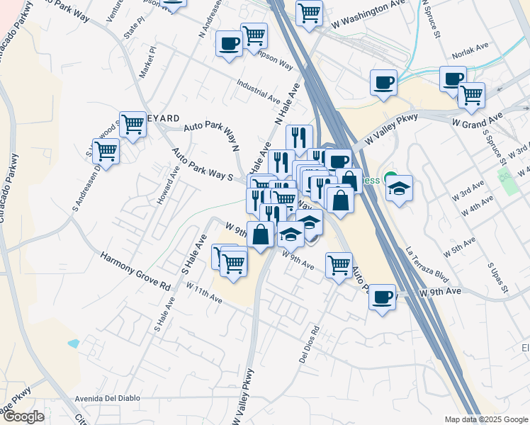 map of restaurants, bars, coffee shops, grocery stores, and more near 1348 W Valley Pkwy in Escondido