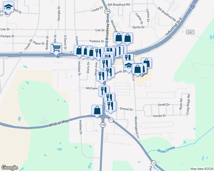 map of restaurants, bars, coffee shops, grocery stores, and more near 1420 South Broadway Street in Sulphur Springs