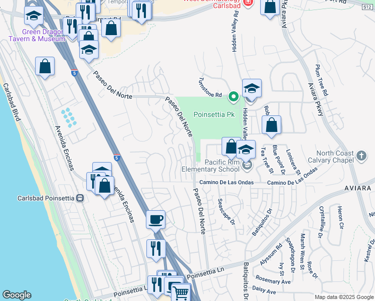 map of restaurants, bars, coffee shops, grocery stores, and more near 6725 Clover Court in Carlsbad