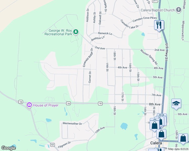 map of restaurants, bars, coffee shops, grocery stores, and more near 1037 Garnet Drive in Calera