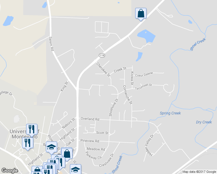 map of restaurants, bars, coffee shops, grocery stores, and more near 645 Shoshone Drive in Montevallo