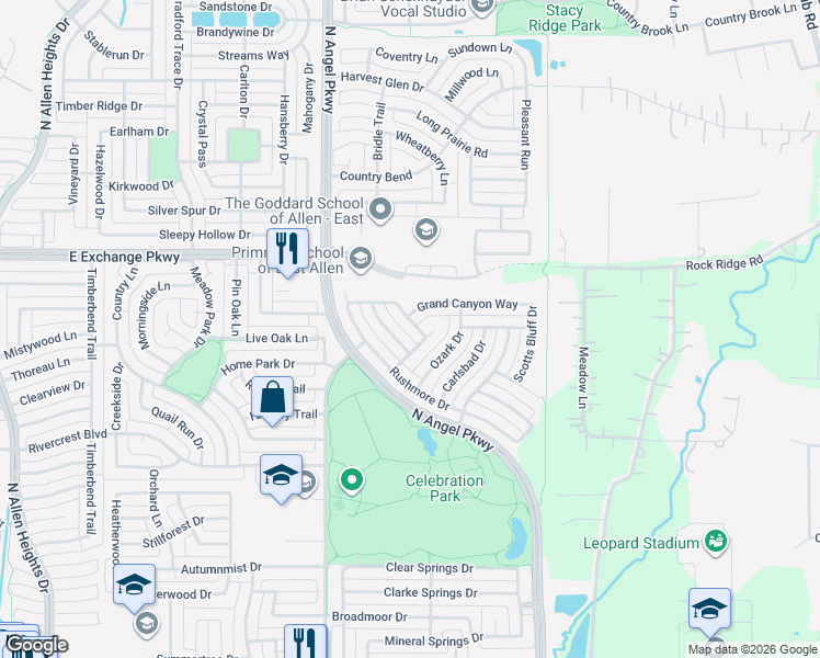 map of restaurants, bars, coffee shops, grocery stores, and more near 1015 Mesa Verde Drive in Allen