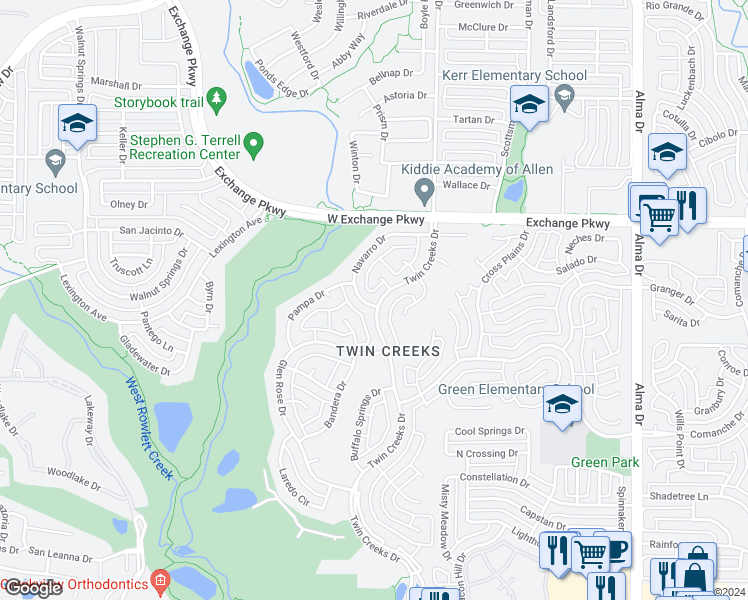 map of restaurants, bars, coffee shops, grocery stores, and more near 1000 Navarro Drive in Allen