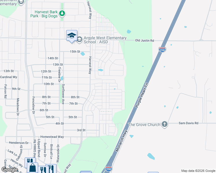 map of restaurants, bars, coffee shops, grocery stores, and more near 933 Parkside Drive in Argyle
