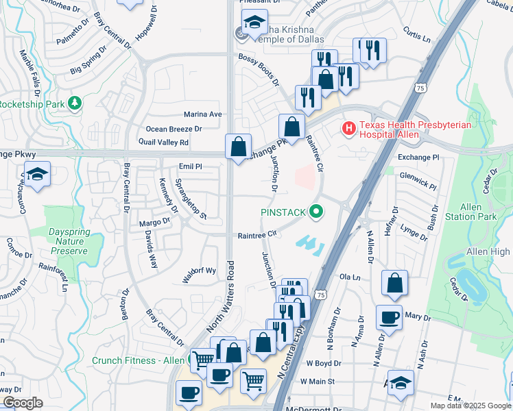 map of restaurants, bars, coffee shops, grocery stores, and more near 965 Junction Drive in Allen