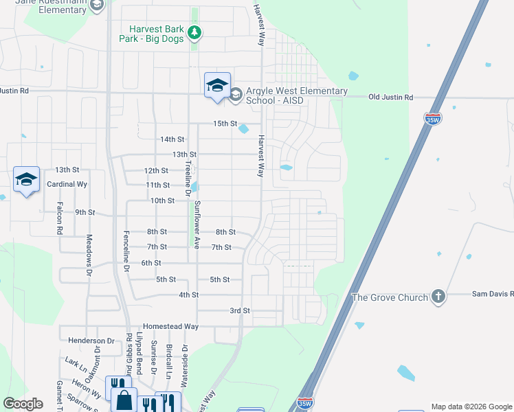 map of restaurants, bars, coffee shops, grocery stores, and more near 928 Harvest Way in Argyle