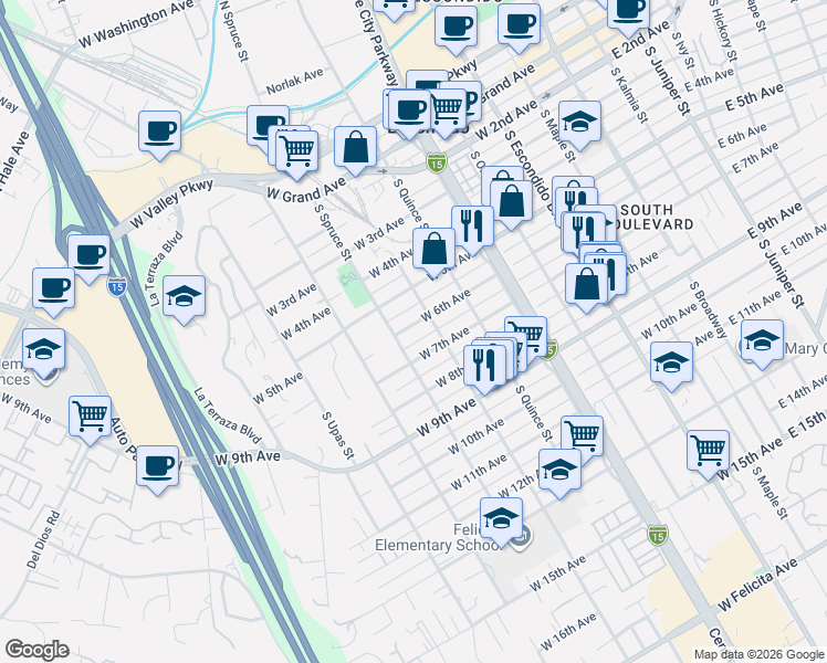map of restaurants, bars, coffee shops, grocery stores, and more near 735 West 6th Avenue in Escondido