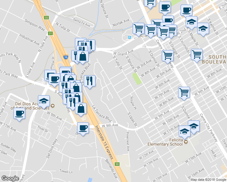 map of restaurants, bars, coffee shops, grocery stores, and more near 321 South Upas Street in Escondido