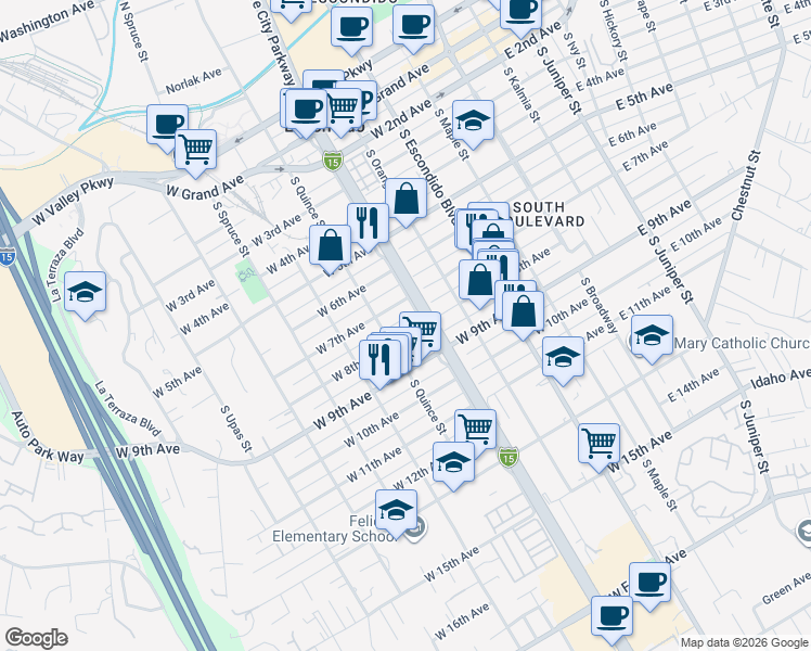 map of restaurants, bars, coffee shops, grocery stores, and more near 503 West 8th Avenue in Escondido