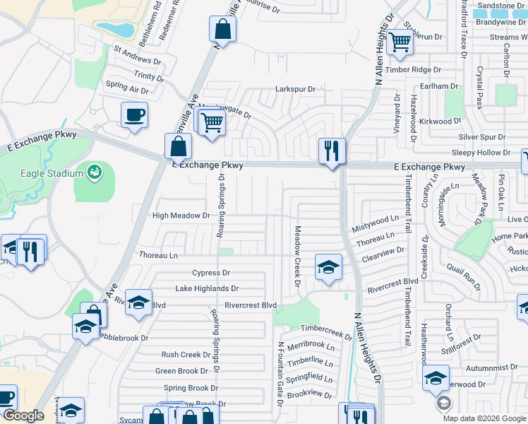 map of restaurants, bars, coffee shops, grocery stores, and more near 1007 High Meadow Drive in Allen