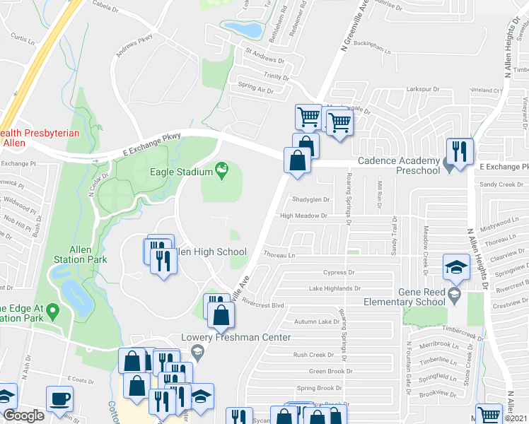 map of restaurants, bars, coffee shops, grocery stores, and more near 1001 Green Valley Lane in Allen