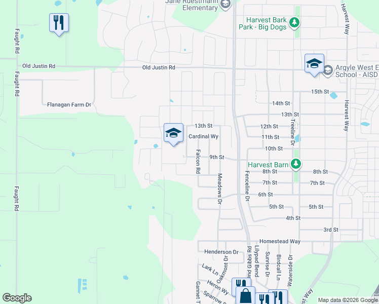 map of restaurants, bars, coffee shops, grocery stores, and more near 900 Hawks Way in Argyle
