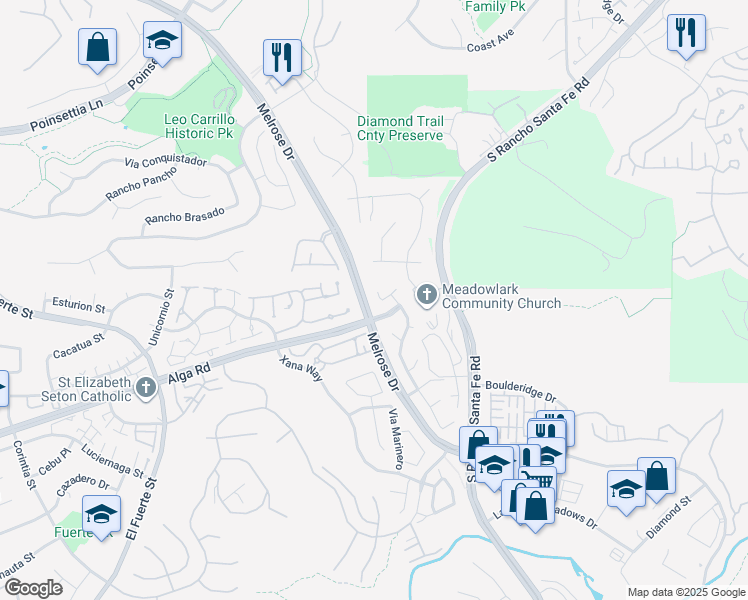 map of restaurants, bars, coffee shops, grocery stores, and more near 6691 Corte Eduardo in Carlsbad