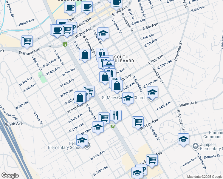 map of restaurants, bars, coffee shops, grocery stores, and more near 319 West 9th Avenue in Escondido