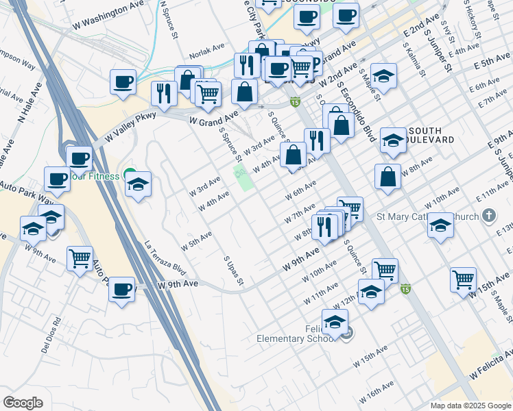 map of restaurants, bars, coffee shops, grocery stores, and more near 526 South Tulip Street in Escondido