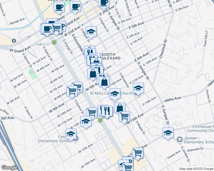 map of restaurants, bars, coffee shops, grocery stores, and more near 244 West 10th Avenue in Escondido