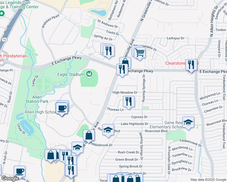 map of restaurants, bars, coffee shops, grocery stores, and more near 1001 Green Valley Lane in Allen
