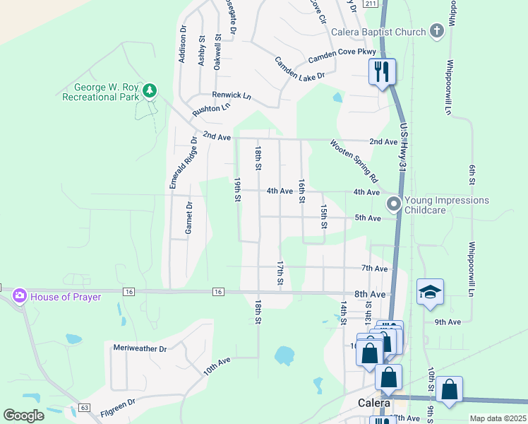 map of restaurants, bars, coffee shops, grocery stores, and more near 475 18th Street in Calera