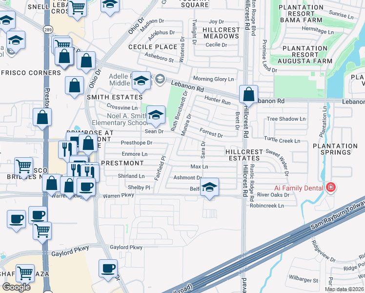 map of restaurants, bars, coffee shops, grocery stores, and more near 4102 Munira Drive in Frisco