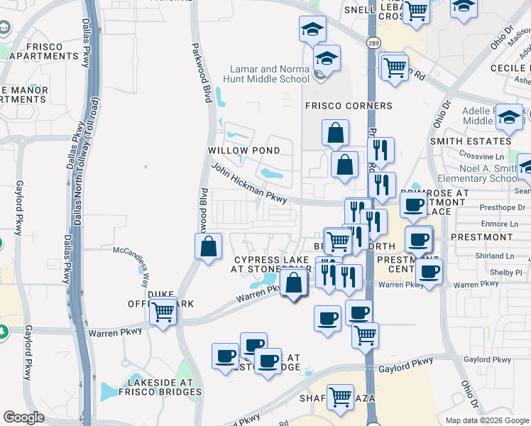 map of restaurants, bars, coffee shops, grocery stores, and more near John Hickman Parkway in Frisco