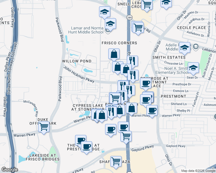 map of restaurants, bars, coffee shops, grocery stores, and more near 4140 Legendary Drive in Frisco