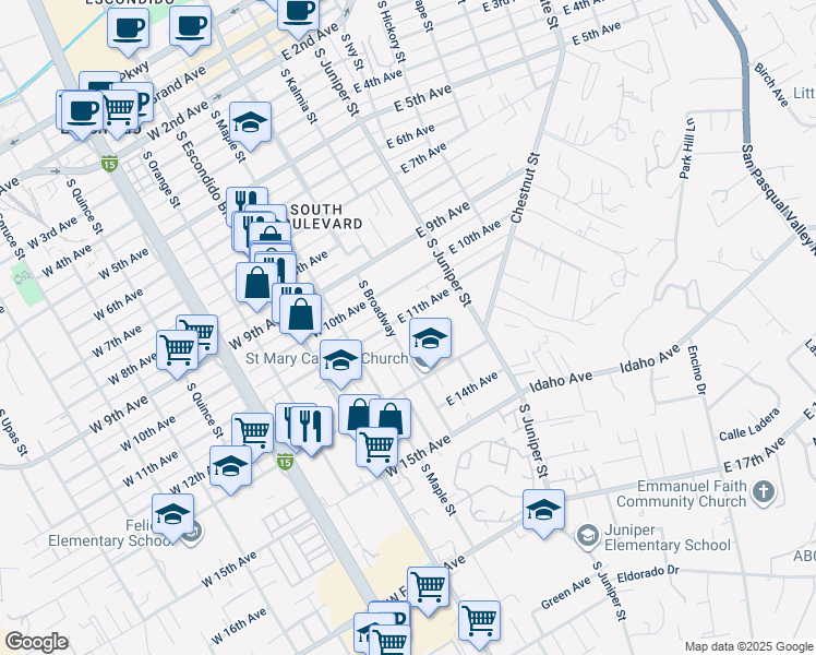 map of restaurants, bars, coffee shops, grocery stores, and more near 123 East 11th Avenue in Escondido