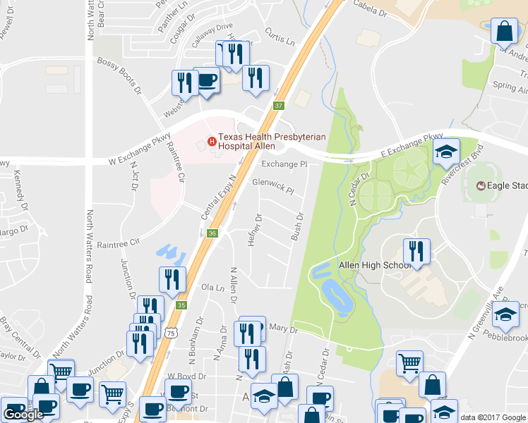 map of restaurants, bars, coffee shops, grocery stores, and more near 216 Nob Hill Place in Allen