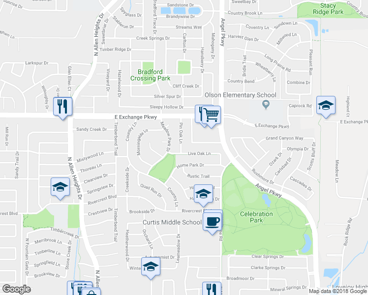 map of restaurants, bars, coffee shops, grocery stores, and more near 904 Pin Oak Lane in Allen