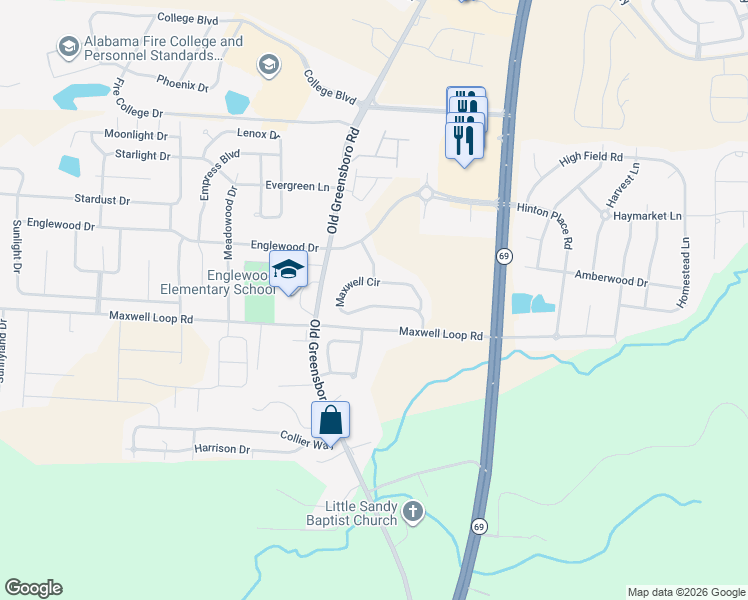 map of restaurants, bars, coffee shops, grocery stores, and more near 1463 Maxwell Circle in Tuscaloosa