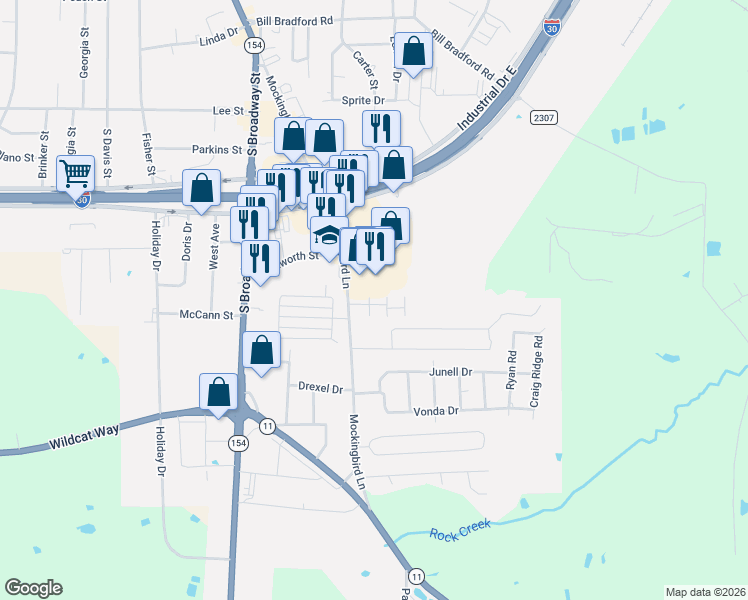 map of restaurants, bars, coffee shops, grocery stores, and more near 1419 Hickory Wood Street in Sulphur Springs